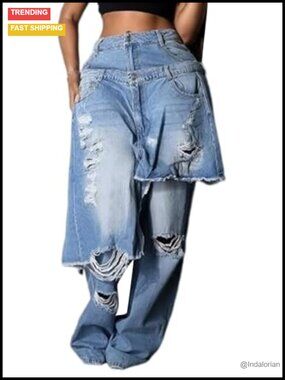 Ripped High Waist Wide Leg Patchwork Streetwear Jeans